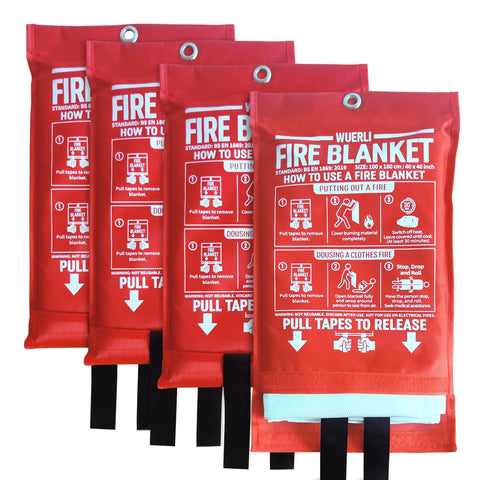 4-pack of 40x40 Inch Fire Blanket For Home And Kitchen Flexible Fiberglass Safety Blanket in red packaging.