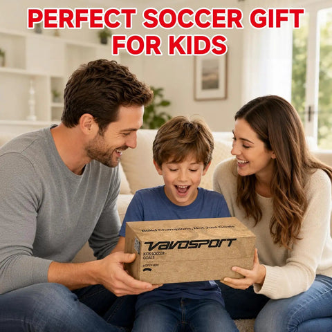 Family opening box of Two Pack 4x3 Feet Kids Soccer Goals For Backyard Portable Pop Up Nets With Targets Carry Bag Ground Stakes