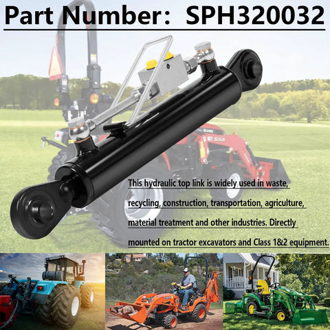 Beefy Heavy Duty Hydraulic Top Link For Tractors And Excavators Adjustable Cat 1 To 2 Length One Eighth To Twenty Six And Three Eighths Inches Includes Locking Block And Dual Hoses, black steel cylinder on tractor