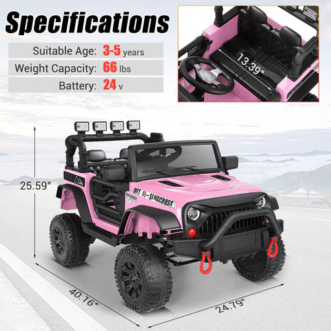 Pink 24V Ride On Car For Kids With Remote Control, LED lights, off-road tires, suitable for 3-5 years, battery powered truck.