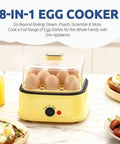 8 In 1 Electric Egg Cooker Rapid Egg Boiler for Hard Soft Poached Eggs in a kitchen setting with breakfast plates