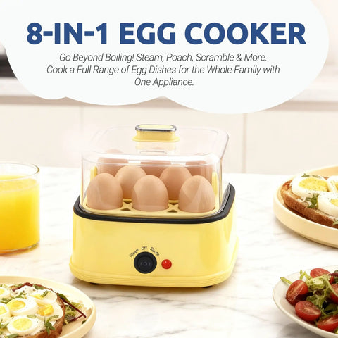 8 In 1 Electric Egg Cooker Rapid Egg Boiler for Hard Soft Poached Eggs in a kitchen setting with breakfast plates