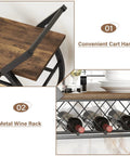 Smooth Rolling Industrial Bar Cart With Spacious Wooden Shelves And Rock Solid Wheels For Your Kitchen Or Lounge Space Chilled Beverage Serving Station showing handle and wine rack.