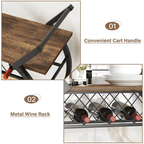 Smooth Rolling Industrial Bar Cart With Spacious Wooden Shelves And Rock Solid Wheels For Your Kitchen Or Lounge Space Chilled Beverage Serving Station showing handle and wine rack.