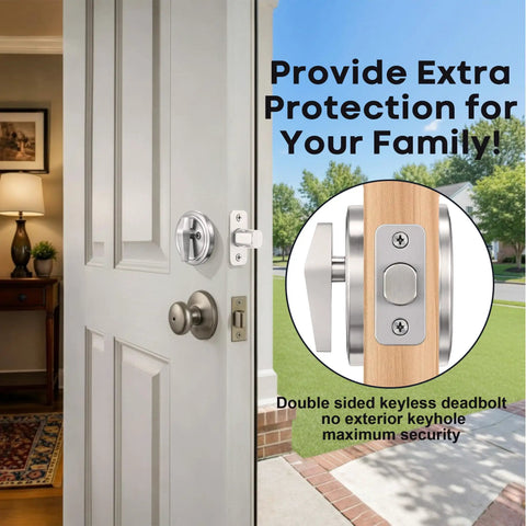 Keyless Deadbolt Lock With Double Plate And Satin Nickel protecting patios, shown on a gray door, highlighting hidden exterior design.