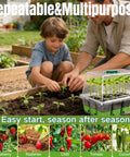 Father and son planting with 5 Pack Reusable 60 Cell Seed Starter Trays With Humidity Dome next to them