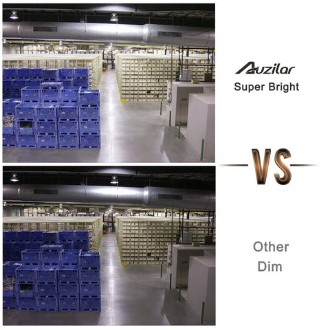 Comparison of warehouse lighting with AuziLar Super Bright vs. Other Dim using Two Pack 60W LED Corn Light Bulbs 6000 Lumens 6500K.