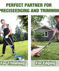 Two men using Ergonomic Weedeater Handle Extension Back Saver Trimmer Grip For Lawn Care And Landscaping Comfort Durable Weedeater Handle To Reduce Back Strain And Improve Upright Trimming For Easy Yard Work, one for trimming and one for edging