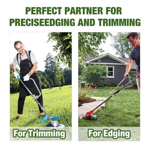 Two men using Ergonomic Weedeater Handle Extension Back Saver Trimmer Grip For Lawn Care And Landscaping Comfort Durable Weedeater Handle To Reduce Back Strain And Improve Upright Trimming For Easy Yard Work, one for trimming and one for edging