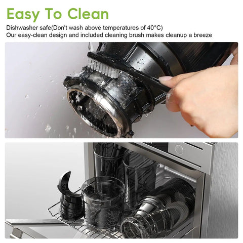Super Chill Slow Masticating Juicer With 130Mm Wide Feed Chute For Whole Fruits And Veggies Easy To Clean Electric Cold Press Machine parts being cleaned under water.