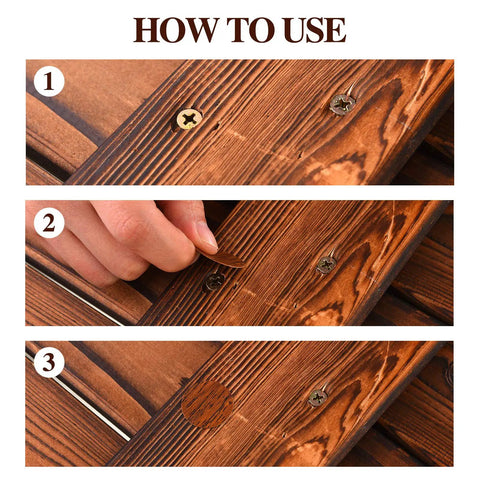 Instructions for using 648 Piece Adhesive Screw Hole Cover Stickers Wood Grain Furniture Repair Kit With 12 Colors Waterproof PVC Caps