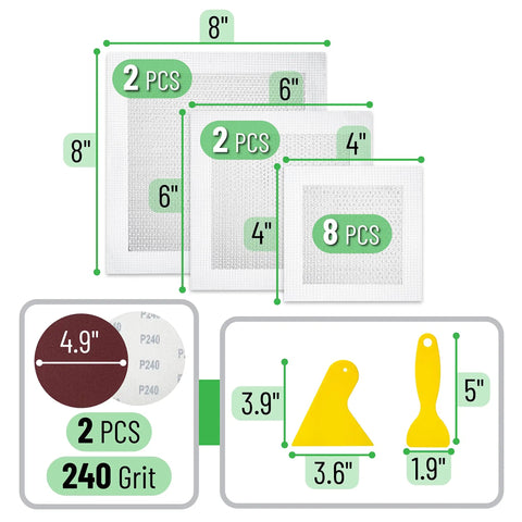 Drywall Patch Kit With 12 Aluminum Patches In 4, 6, And 8 Inch Sizes, Plus 2 Sandpapers And 2 Plastic Scrapers, 16-Piece Quick DIY Home Wall Repair For Holes And Dents