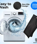 Washing machine with open door showing wash cycle, non-slip design insert, and extra cover for Double Thick Gel Seat Cushion For All Day Comfort And Pressure Relief For Back Sciatica Coccyx And Tailbone Pain Ideal For Office Chairs Wheelchairs Cars Trucks And Patio Seating Egg Seat Pad
