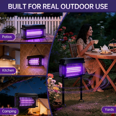 Rechargeable Solar Bug Zapper For Outdoors Purple UV Mosquito Killer Lamp in yard, patio, kitchen, and camping setups.