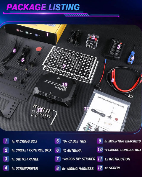 Complete package contents for 8 Gang Wireless Switch Panel With Remote Control For Off Road Trucks SUVs UTV RV 165 Ft Range 5 Level Brightness