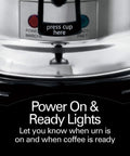 Commercial Coffee Urn And Hot Beverage Dispenser For 60 Cup Capacity Polished Stainless Steel Exterior close-up of power lights