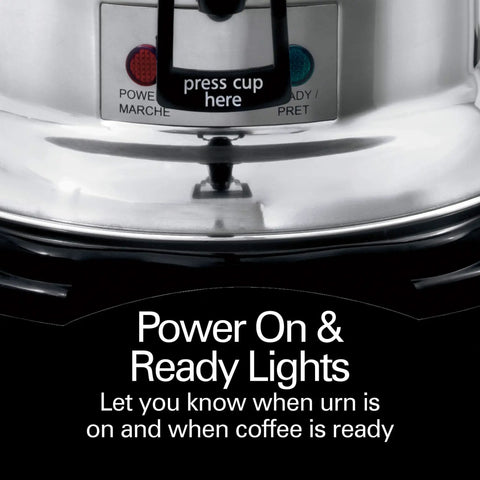 Commercial Coffee Urn And Hot Beverage Dispenser For 60 Cup Capacity Polished Stainless Steel Exterior close-up of power lights