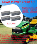 Replacement Lawn Mower Brake Pad Kit Heavy Duty 4 Pack Fits Craftsman Poulan AYP John Deere Husqvarna 532120951, tractor in background.