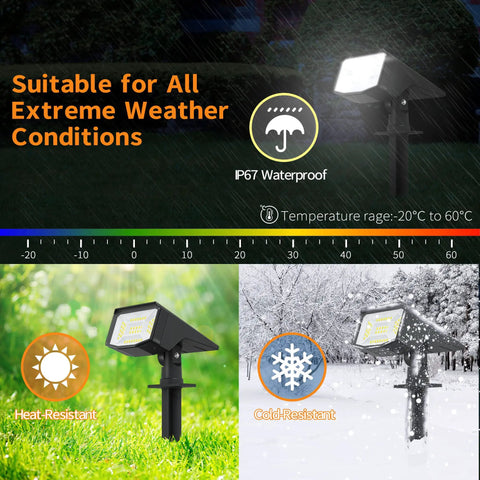 Outdoor Solar Spotlight Kit With 50 LED Lights IP65 Waterproof Landscape Pathway Lighting showing weather resistance