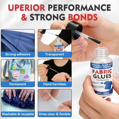 Permanent Fabric Glue That Sticks Like A Dream, Washable Clear Adhesive For Clothing Repairs And Patches shown with features and bottle.