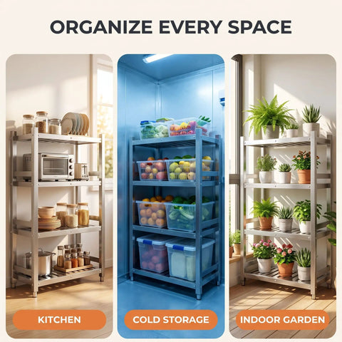 Built Tough 304 Stainless Steel Shelf For Pantry Kitchen Garage Storage Rack With Slick Brushed Silver Surface And No Sweat Setup Commercial Grade Metal Shelving Unit 27.6 X 19.7 X 70.9 Inches in kitchen, cold storage, and indoor garden settings.