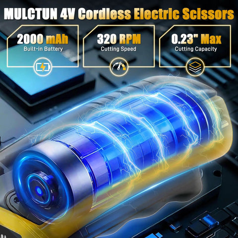 Mulctun Cordless Electric Box Cutter With 4 Tungsten Steel Blades, Led Light And Safety Lock For Cutting Cardboard, Carpet, Fabric, And Leather. Yellow finish with battery and features highlighted.