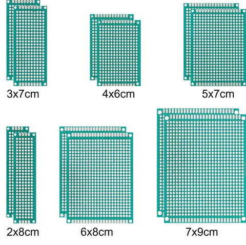 Double Sided Tinned PCB Board Kit For DIY Electronics Prototyping 12 Piece Set With Six Sizes Two Of Each 2x8cm 3x7cm 4x6cm 5x7cm 6x8cm 7x9cm Solder Friendly Tin Plated Pads showing all board sizes.