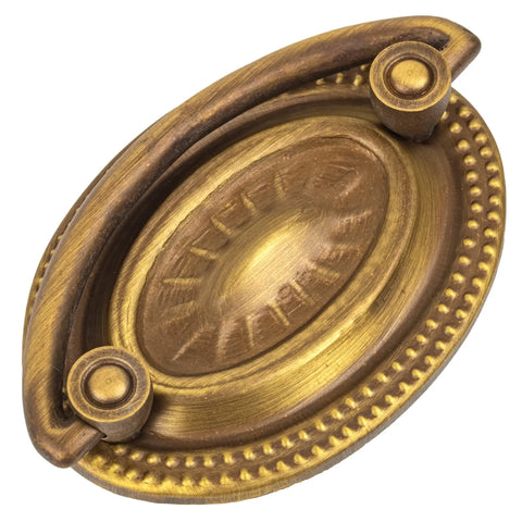 Top Shelf Antique Brass Drawer Bail Pull With Straight Up Classic Vibes, 2 Inch Center To Center Cup Handle For Dresser Cabinets, Dead On Stamped Brass Backplate Furniture Hardware Kit