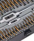 Ultimate 86 Piece Tap Die Set With Hardened Carbide Tools For Automotive Repair And Rethreading Fasteners In Metric And SAE Sizes Plus Storage Box For Pros Who Need Heavy Duty Gear, open case with taps and handles