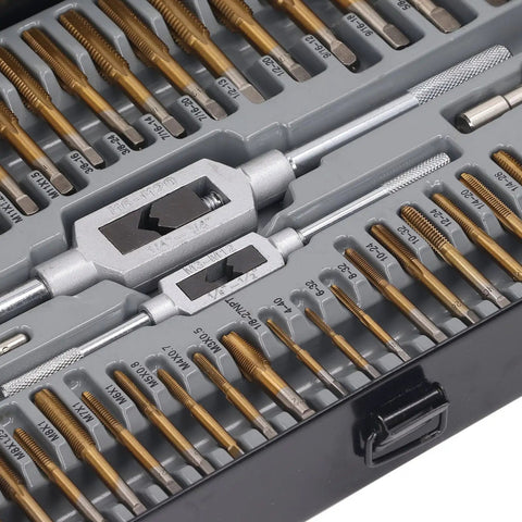 Ultimate 86 Piece Tap Die Set With Hardened Carbide Tools For Automotive Repair And Rethreading Fasteners In Metric And SAE Sizes Plus Storage Box For Pros Who Need Heavy Duty Gear, open case with taps and handles