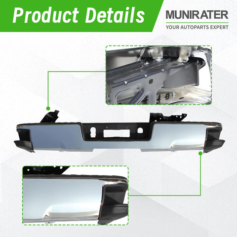 Rear chrome bumper assembly for 2014–2018 Silverado/Sierra 1500; without park assist holes, by Munirater.
