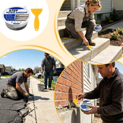 Heavy Duty Concrete Crack Filler Masonry Sealant fixes steps and sidewalks, easy application by professionals outdoors.