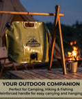 2 Gallon Collapsible Water Container With Spigot And Measurement Scale Portable Foldable Water Jug For Camping RV Hiking And Emergency Prep Space Saving Go To Water Storage Bag hanging by a tent