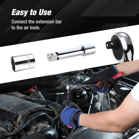 9 Piece Socket Accessory Set with 1/4 inch, 3/8 inch and 1/2 inch drive, chrome vanadium steel, used in car engine repair