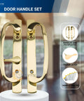 Legacy Sliding Glass Door Offset Latch Gold Handle Set Replacement Eight And One Half Inch Escutcheon Plate Fits Three And Fifteen Sixteenths Inch Screw Hole Spacing And One And Quarter To Two And Quarter Inch Door Thickness Sash Controls 2265 in front view showing gold handles and parts.