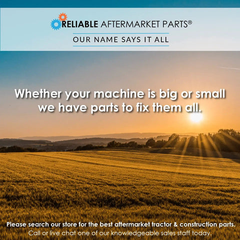 Reliable Aftermarket Parts banner with sunrise over field, slogan about fixing machines of all sizes, tractor parts advertisement