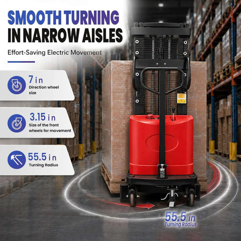Heavy Duty Semi Electric Pallet Stacker Brings Built Different Capacity To Your Warehouse 48V Battery Powers smooth turning with 7 in wheel size.