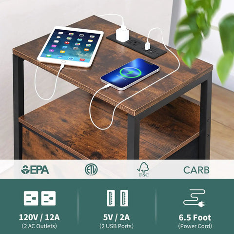 Nightstand With Charging Station And USB Ports, Compact Bedside Table With Fabric Drawers, wood top with charging devices.