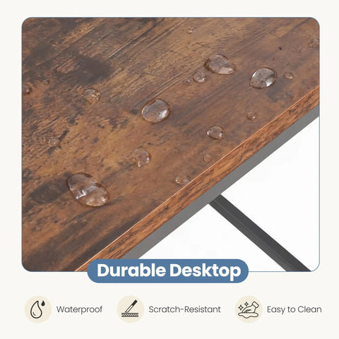 Close-up of rustic brown L Shaped Desk 47 Inch Computer Desk with water droplets showing waterproof feature