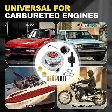 Adjustable Carburetor Fuel Pressure Regulator Kit With 0-15 PSI Gauge, Universal Fit For Classic Cars, Motorcycles, Boats, And Other Rides, Includes Fuel Block And 8mm 10mm Adapters For Smooth 1-5 PSI Tuning, shown with car, truck, boat, motorcycle