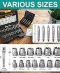 Beast 19 Piece Bolt And Screw Extractor Set for Rusted Stripped Screws with drill bits and case on a wooden table.