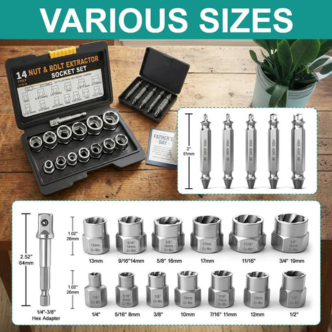 Beast 19 Piece Bolt And Screw Extractor Set for Rusted Stripped Screws with drill bits and case on a wooden table.