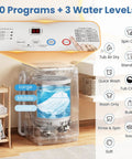 Fully Automatic Portable Washing Machine And Dryer Set Featuring A Solid Stainless Steel Tub Plus 17 Lbs Washer Paired With 10 Lbs Dryer shows control panel with 10 programs and water levels.