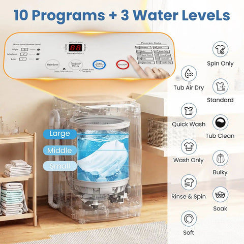 Fully Automatic Portable Washing Machine And Dryer Set Featuring A Solid Stainless Steel Tub Plus 17 Lbs Washer Paired With 10 Lbs Dryer shows control panel with 10 programs and water levels.