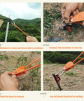 Camping Rope With Ratchet Pulley For Grab-And-Go Quick Setup attached to tarp with carabiner showing step by step process