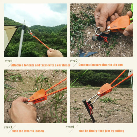 Camping Rope With Ratchet Pulley For Grab-And-Go Quick Setup attached to tarp with carabiner showing step by step process