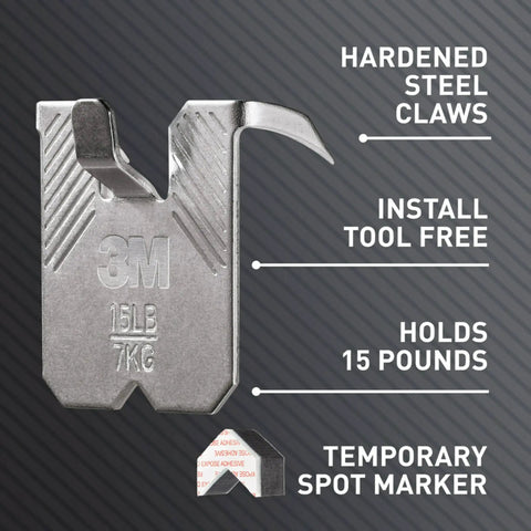 Close-up of Claw 15 Lb Drywall Picture Hanger with spot markers for mirrors and large art, showing steel claws and weight capacity.