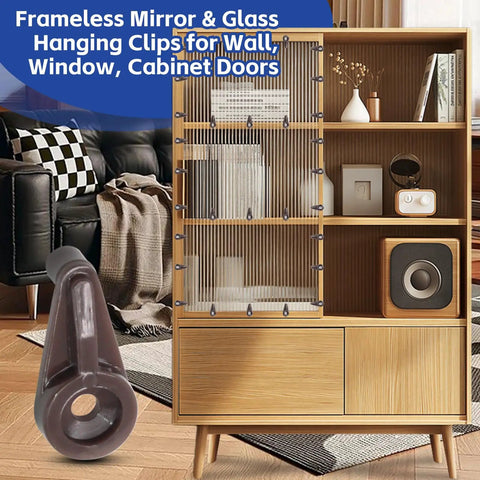 Heavy Duty Brown Mirror Hanging Clips 25 Pack Easy Snap Glass Retainer Brackets For Cabinets And Vanities on display with furniture.