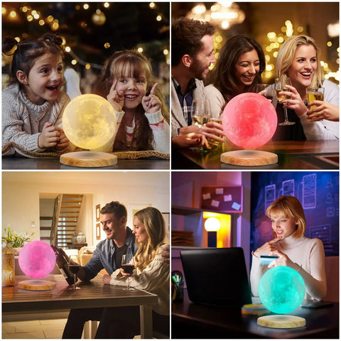 Lit Levitating Moon Lamp With 18 Color Modes And Remote Control Magnetic Levitation Floating Moon Night Light 5.9 Inch Safe PLA Material Perfect Kid Bedroom Decor And Christmas Gift in various home settings.