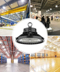 Beefy 200W High Bay LED Light Dimmable 1 To 10V 30000 Lumen 5000K Bright White DLC Listed Industrial Fixture in warehouse setting